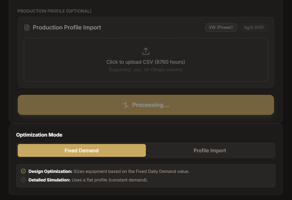Optimization engine processing with CSV upload, Fixed Demand mode, Design Optimization and Detailed Simulation options